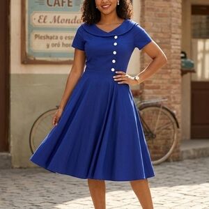 Vintage-Inspired Midi Dress in Royal Blue with Button Detail